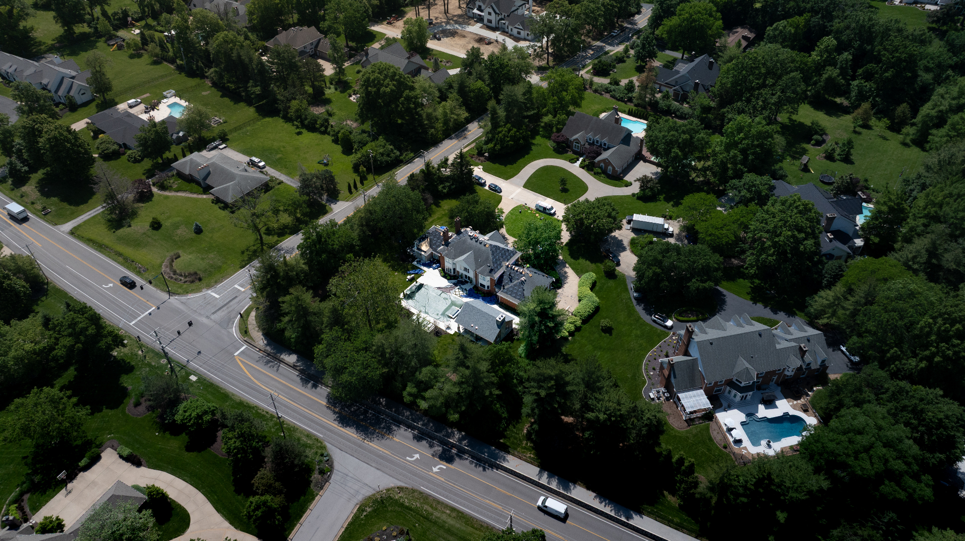 Aerial drone view of Belmont Construction Class 4 roof project
